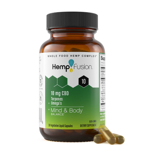 10mg CBD Capsules by HempFusion bottle on a modern, clean background