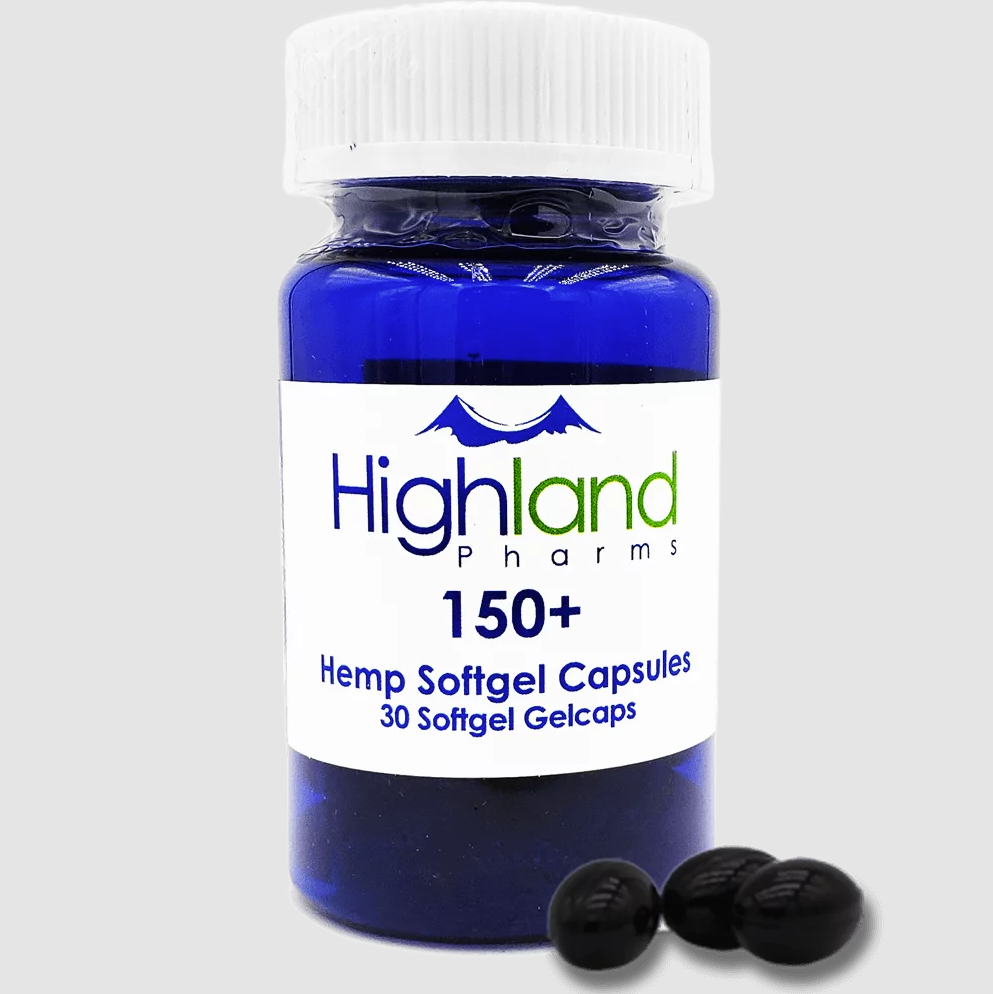 150mg CBD Softgel Capsules bottle on a clean background