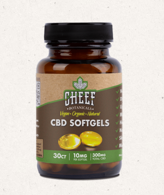 CBD Vegan Softgels by Cheef Botanicals bottle on a nature-inspired background
