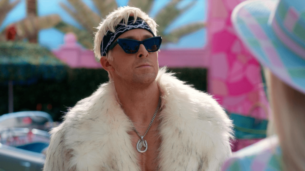 Ryan Gosling wearing the faux fur coat from the Barbie movie